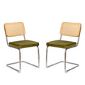 Modern Mid Century Velvet Rattan Dining Chairs Set of 2 with Chrome Legs, Olive Green Upholstered Side Accent Chairs
