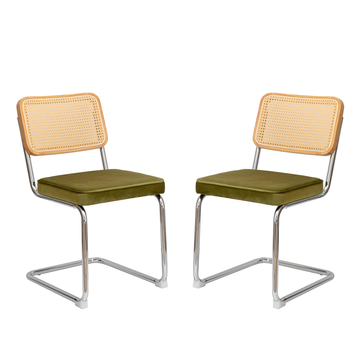 Modern Mid Century Velvet Rattan Dining Chairs Set of 2 with Chrome Legs, Olive Green Upholstered Side Accent Chairs