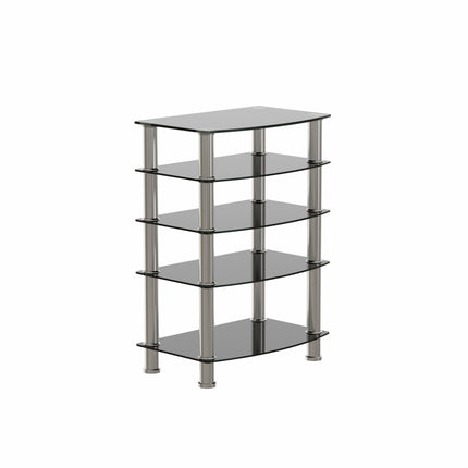5-Tier Tempered Glass Side Table with Stainless Steel Frame, Black, for Living Room or Bedroom