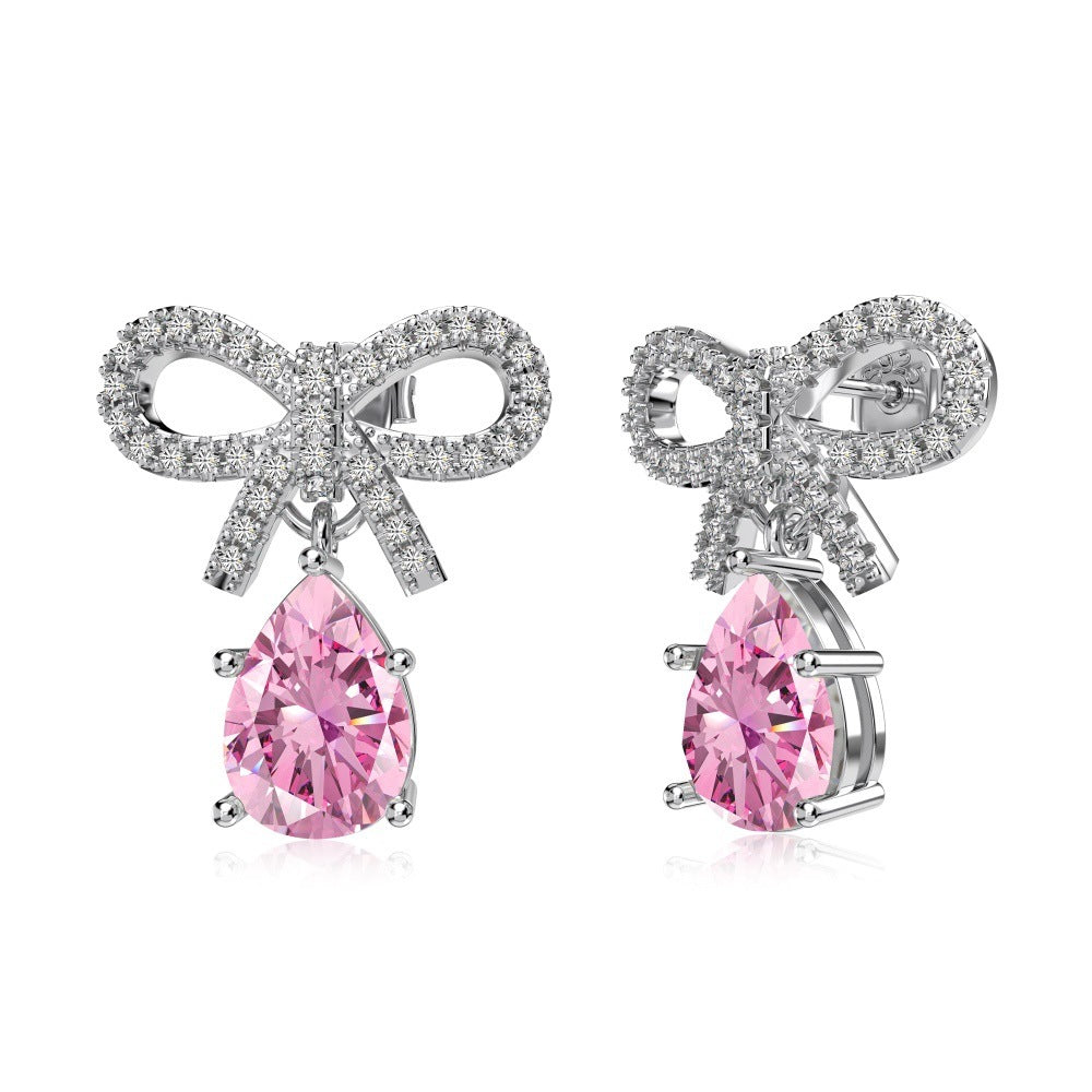 Silver S925 Pink Pear-shaped Water Drop Bow Design Niche Exquisite Fashion Sense Women's Earrings