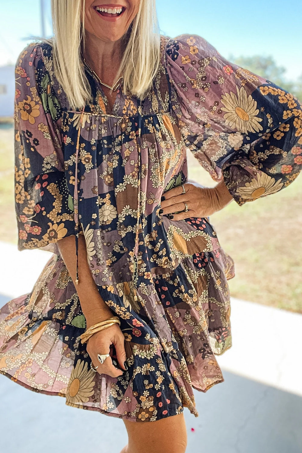 Purple Boho Floral Print Puff Sleeve Flowy Mini Dress - Eloy Royal