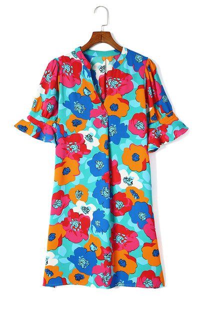 Multicolor Floral Print Mandarin Collar Short Sleeve Tunic Dress - Eloy Royal