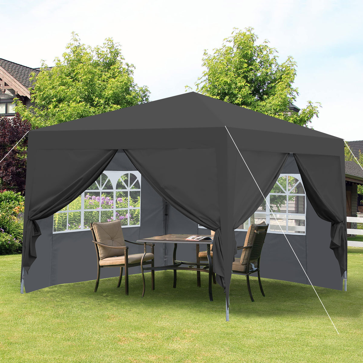 Outdoor 10x 10Ft Pop Up Gazebo Canopy Tent Removable Sidewall with Zipper,2pcs Sidewall with Windows,with 4pcs Weight sand bag,with Carry Bag-Black