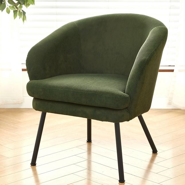 Corduroy Accent Chair with Black Metal Legs, Modern Upholstered Armchair, Comfy Barrel Chair for Living Room Bedroom
