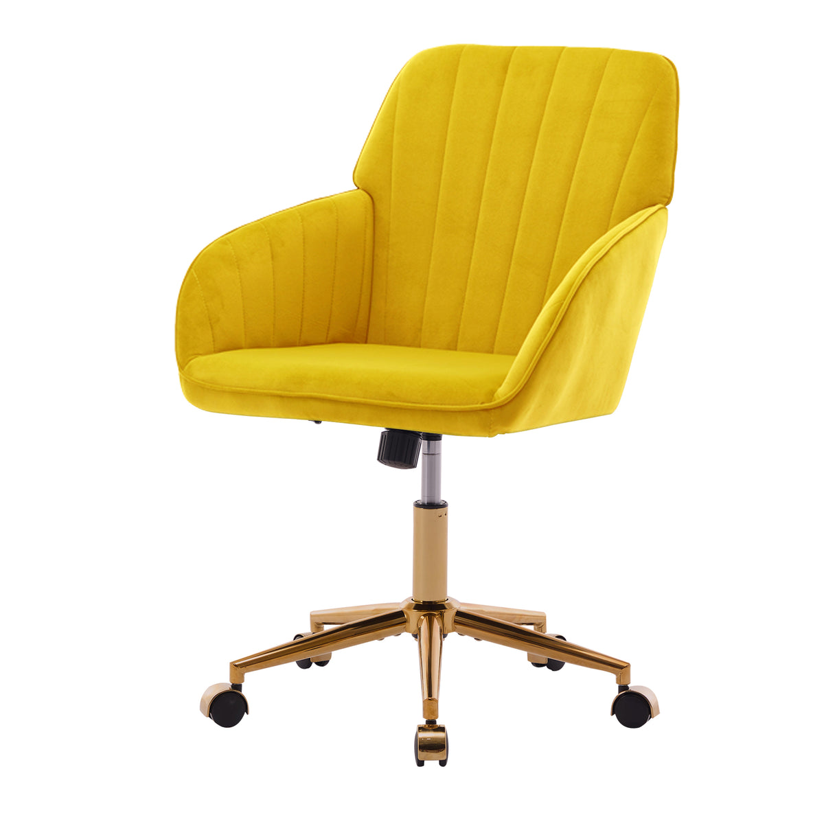 TY Modern Office Chair with Gold Base, Bright Yellow Velvet Upholstery, Wide Backrest and Adjustable Height for Home or Office Use
