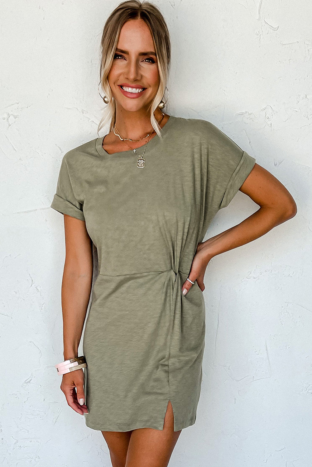 Laurel Green Folded Sleeve Twisted Mini T-Shirt Dress - Eloy Royal