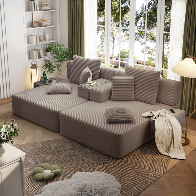 Oversized Double Chaise Lounge 2-Piece Set, Luxurious Plush Corduroy Convertible Sofa Bed with 6 Pillows and Storage Pocket, for Small Spaces,Home Theater, Living Room, Coffee