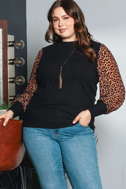 Black Plus Size Leopard Patchwork Mock Neck Top