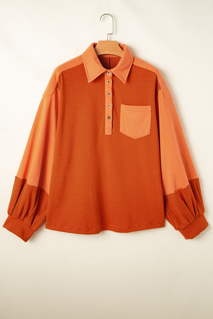 Orange Exposed Seam Puff Sleeve Henley Sweatshirt