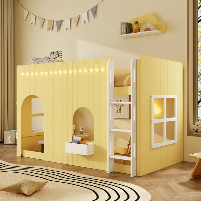 Twin Size Kids Loft Bed with Warm LED Light String, Primrose Yellow