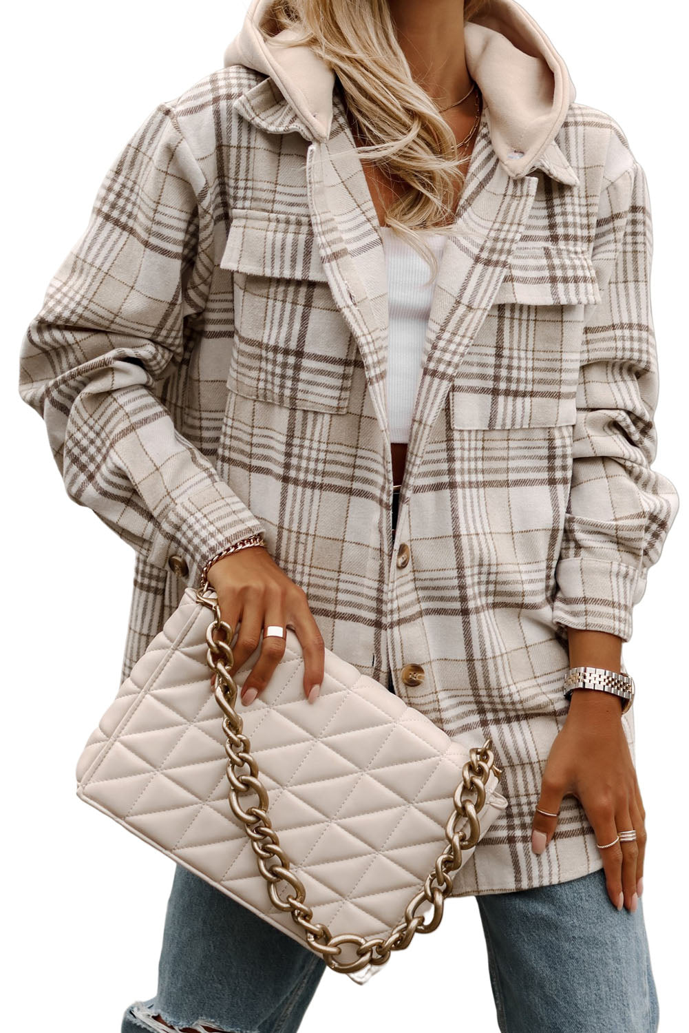 Khaki Plaid Removable Hooded Button Up Jacket - Eloy Royal