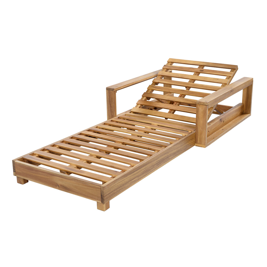 Light Natural Acacia Wood Outdoor Chaise Lounger Frame, 4-Position Adjustable Reclining Backrest, 400 LBS Weight Capacity, Slatted Wooden Sun Lounge Frame for Patio Pool Backyard
