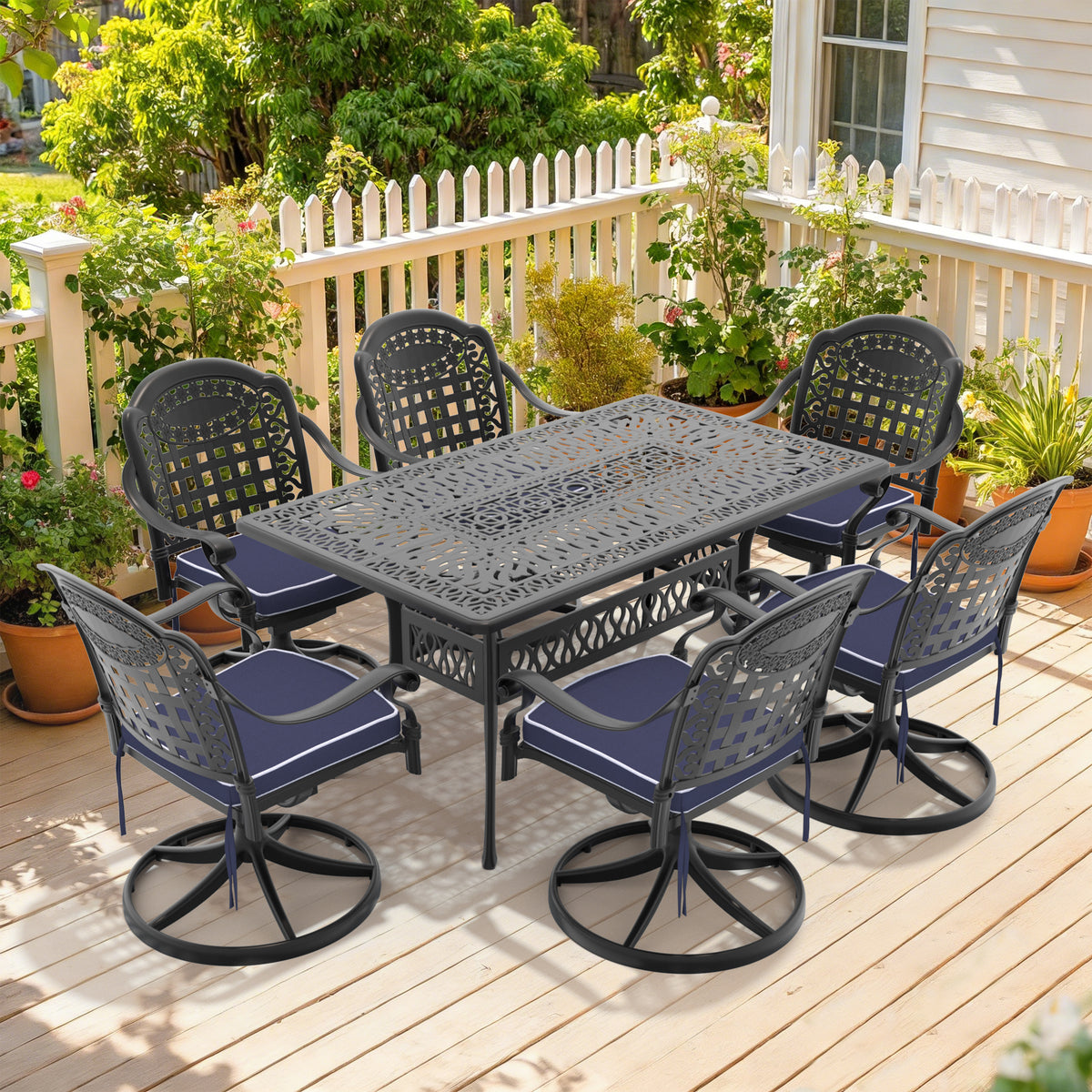 7-Piece All-Weather Cast Aluminum Dining Set, Include 4 Swivel Chairs and Rectangular Table With Black Frame