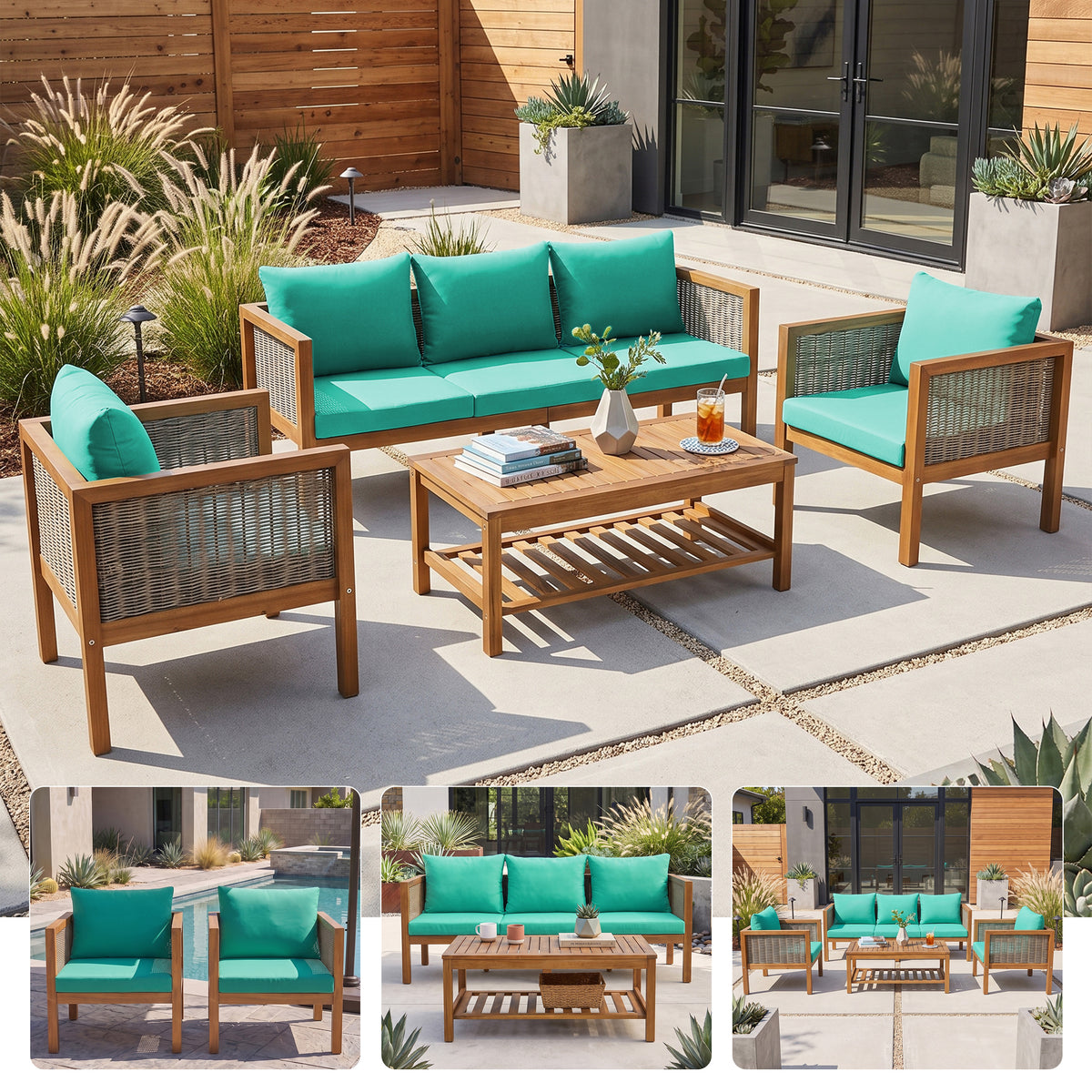 4 Pieces Patio Sofa Set Outdoor Seating Group 5-Person Sofa Set Outdoor Conversation Set with Cushions and a Coffee Table for Garden, Backyard, Balcony, Poolside,Green Cushion +Natural Wood