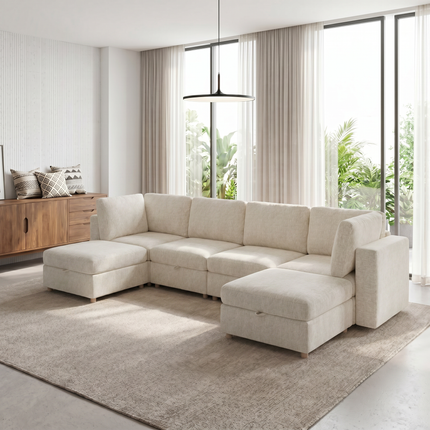Modular sectional sofa seat, convertible sofa with storage, multifunctional folding fabric sofa set, 6 seater sofa (Beige)