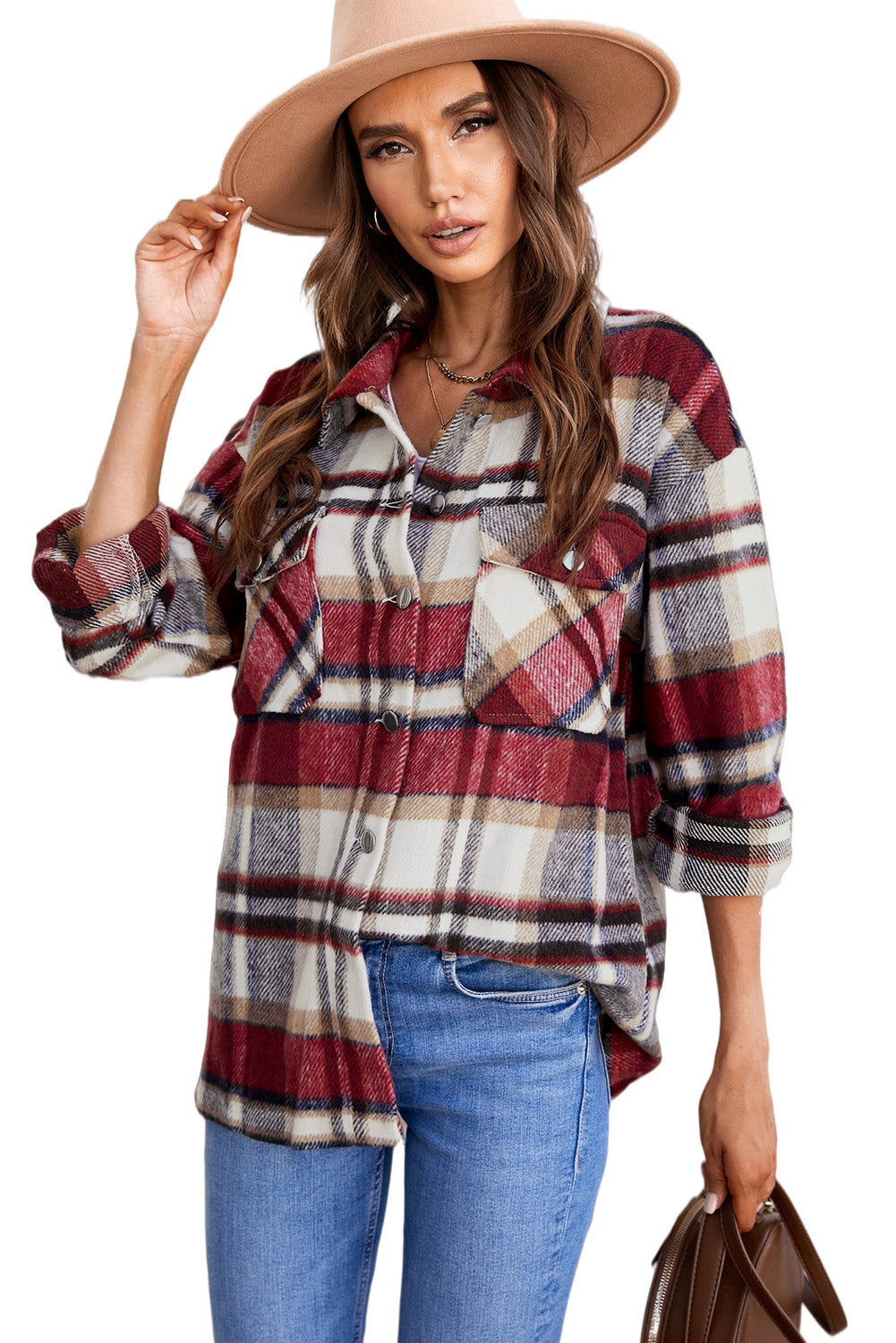 Wholesale Brown Plaid Button Up Long Sleeve Flannel Shacket - Eloy Royal