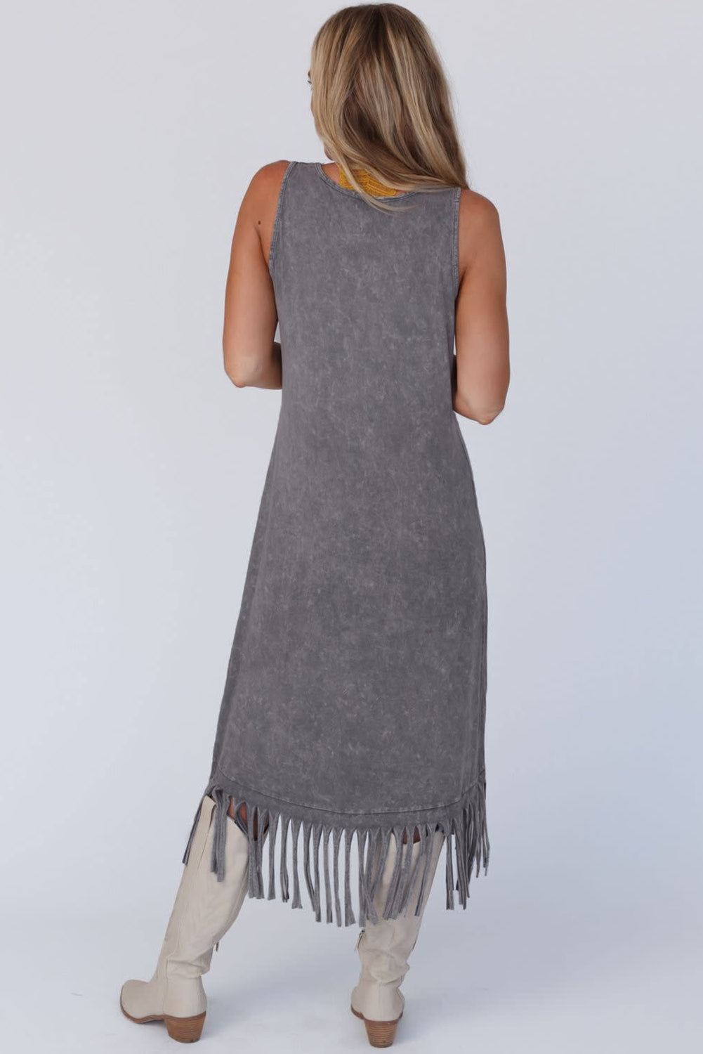 Gray Washed Sleeveless Fringe High Low Hem Maxi Dress - Eloy Royal