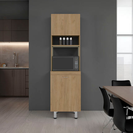 Fingal Kitchen Pantry with Microwave Space, Four Shelves and Closed Storage, Natural Oak