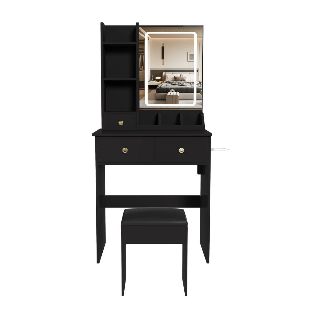 Modern Small Vanity Desk with 3 LED Lighting Modes, 3 Drawers, Open Shelves, Hair Dryer Holder, Power Socket, and Dressing Chair in Black MDF