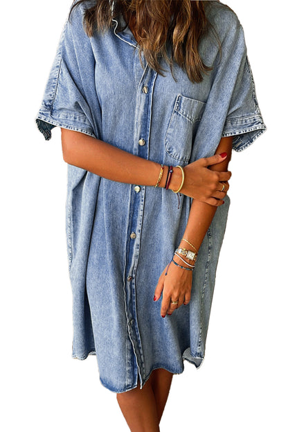 Light Blue Vintage Wash Loose Denim Shirt Dress - Eloy Royal