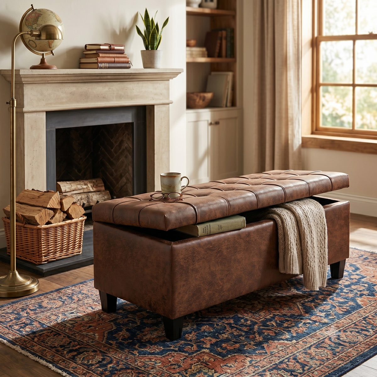 Harrison 48 inch Wide Storage Ottoman Bench in Distressed Saddle Brown Vegan Leather