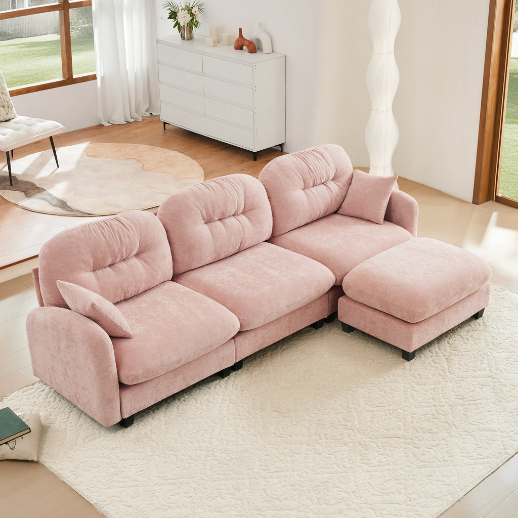 Modular Sectional L Shaped Couch With Ottoman, Premium Chenille Fabric,Tufted Cushion Backrest Design,Ergonomic Design  Easy Install,Fits Bedrooms,Living Rooms Reading Nooks,Pink