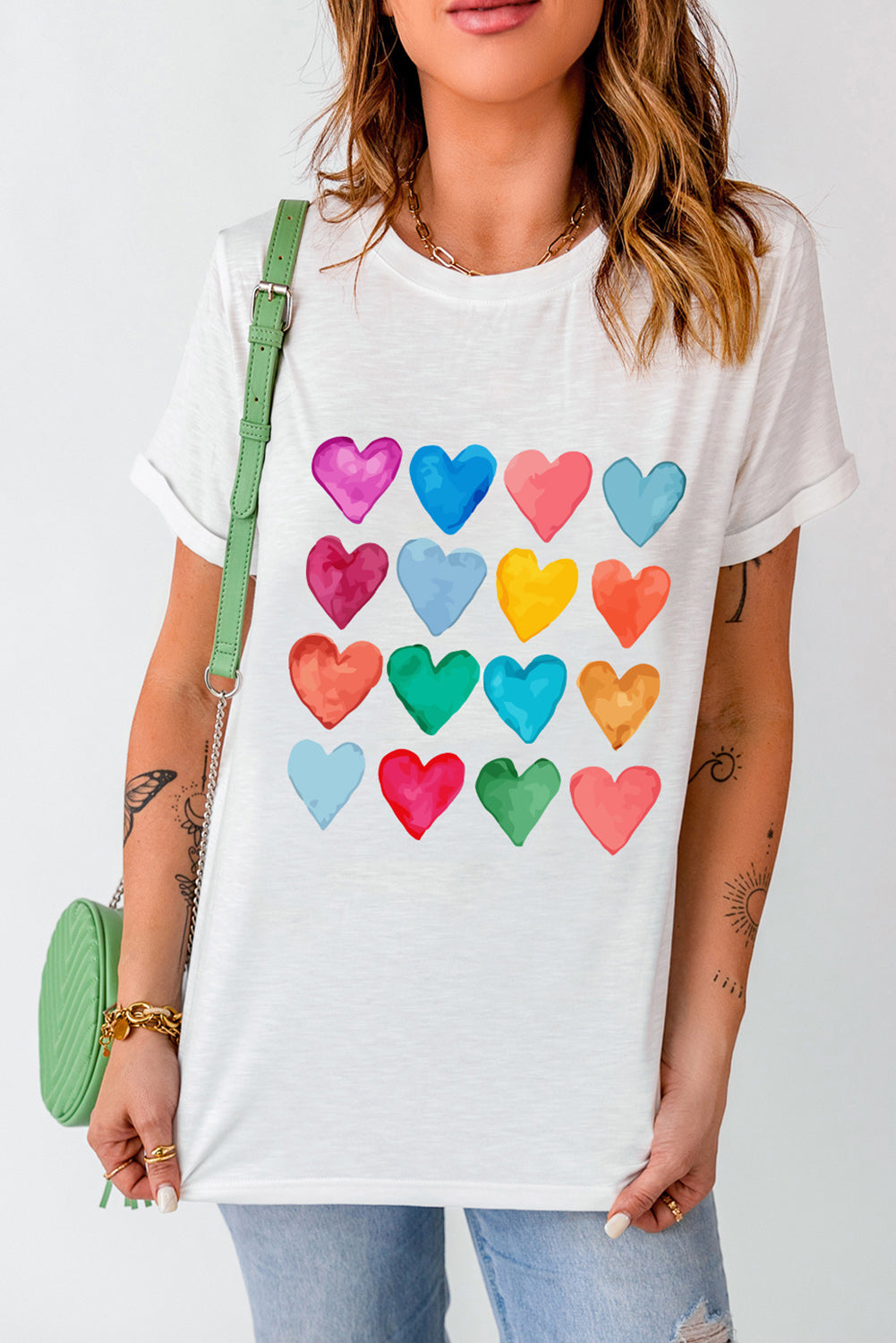 White Colorful Heart Print Graphic Crew Neck T Shirt