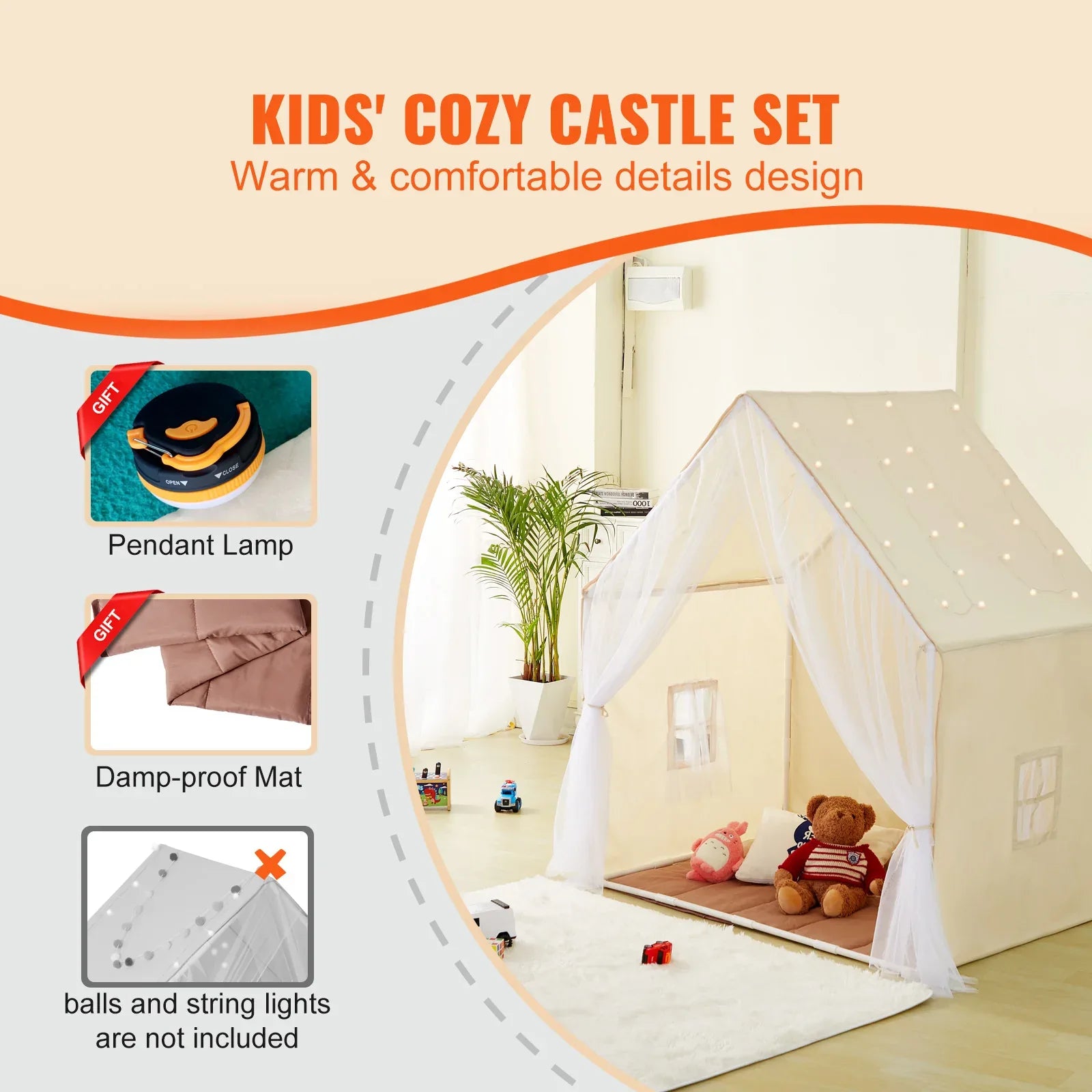 Kids Play Tent, Kids Tent for Kids 1-5 Years Old, Toddler Tent with Mat and Tent Lamp, Tent for Kids with Windows for Indoor and Outdoor, Yurt Tent for Boys and Girls, Beige - Eloy Royal
