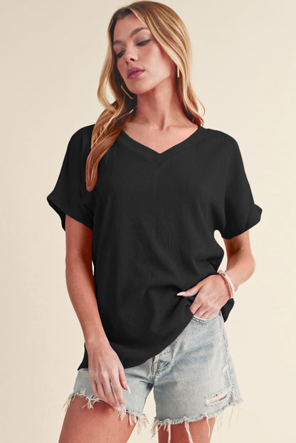 Black Plain Crinkled V Neck Short Sleeve Blouse - Eloy Royal