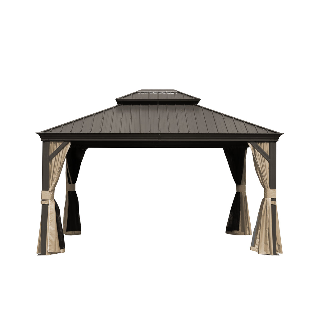 10' X 12'Hardtop Gazebo Outdoor Aluminum Gazebos Grill with Galvanized Steel Double Canopy for Patios Deck Backyard,Curtains&Netting, Brown