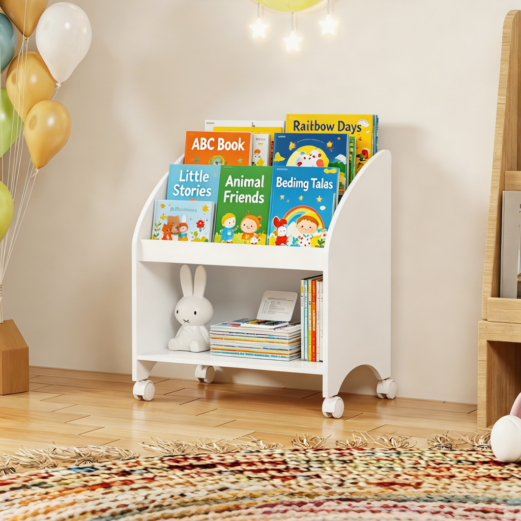 Kids Bookshelf with Wheels, 3-Tier Front Display Bookcase, MDF Rolling Book Organizer with 360° Lockable Casters, Children Storage Shelf for Nursery Bedroom Playroom