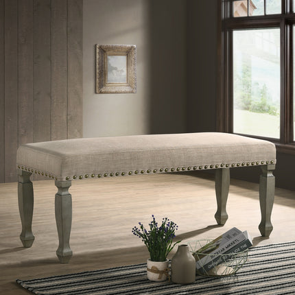 Breda Antique Gray Finish Upholstered Nailhead Bench