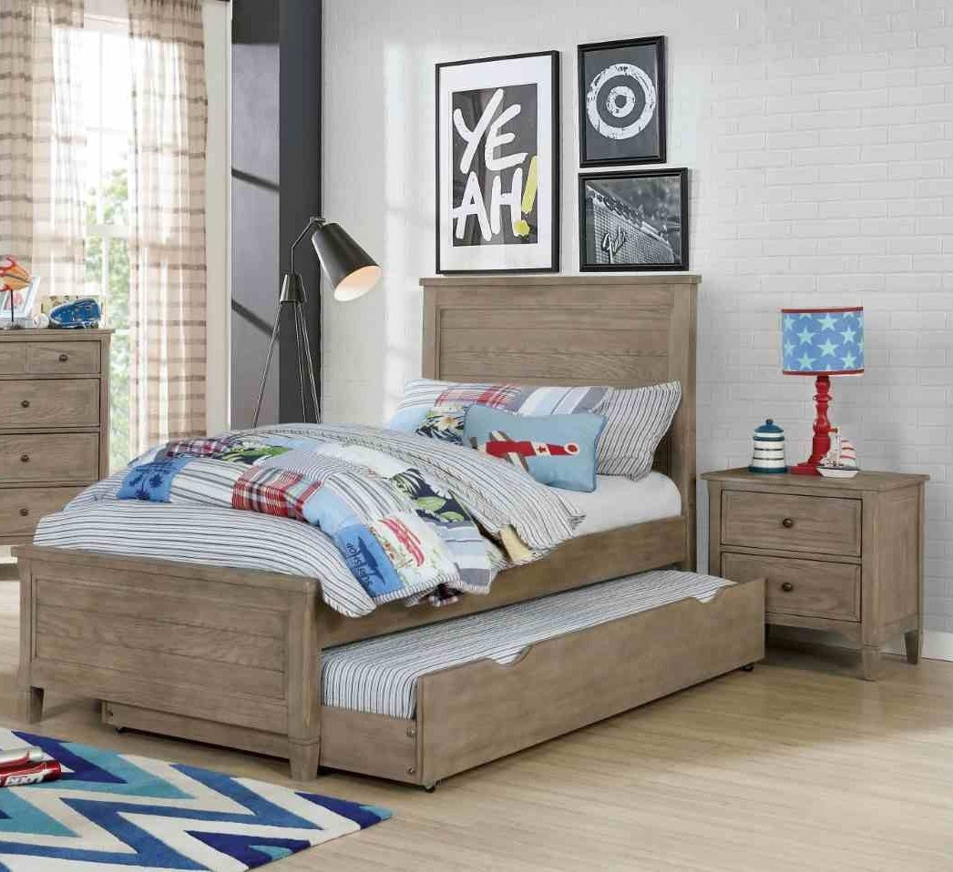 Transitional Twin Size Bed w Trundle 2x Nightstands Warm Gray Bedroom Furniture Wood Grain Texture 3pc Set