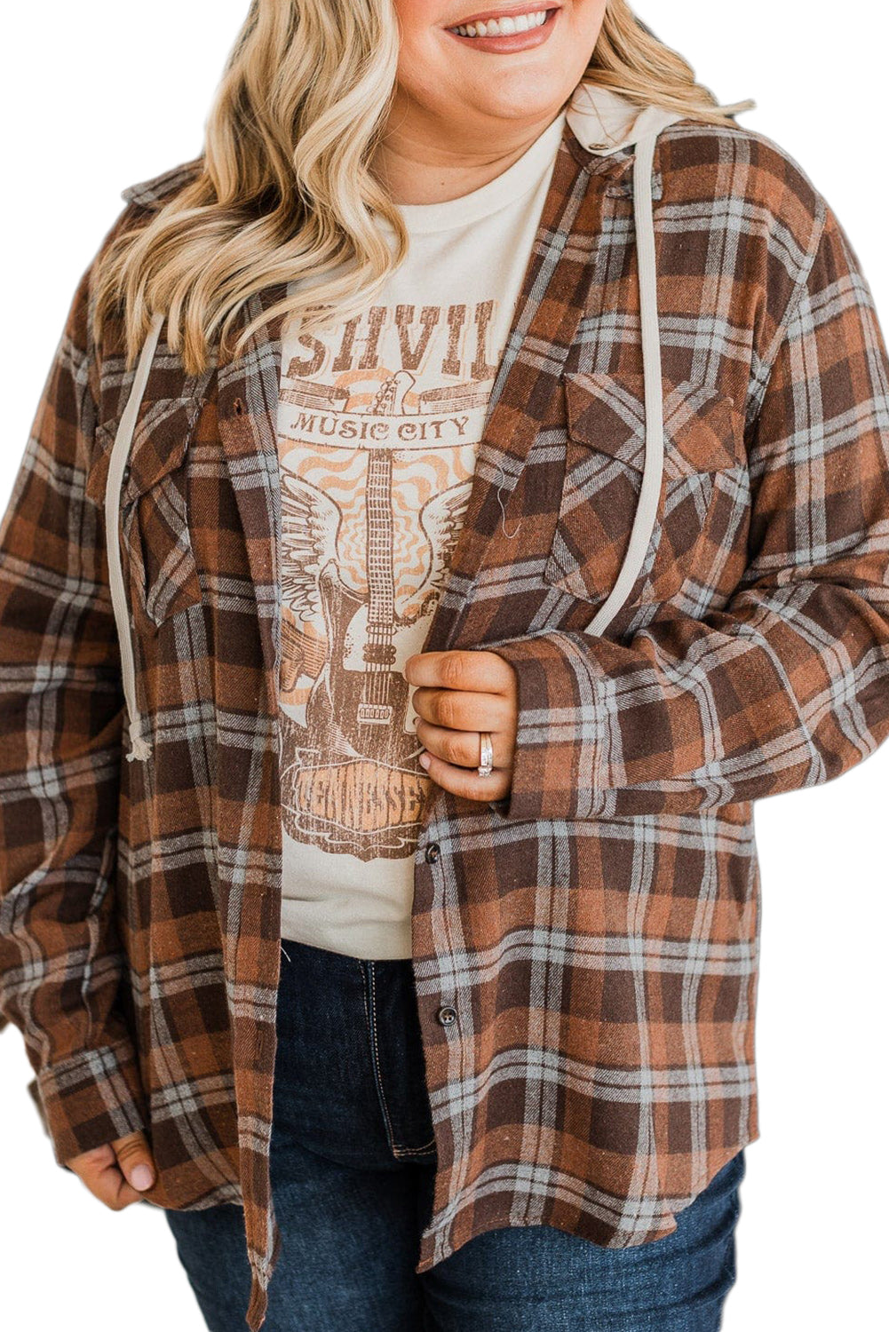 Brown Plus Size Plaid Button Up Contrast Hooded Shirt - Eloy Royal