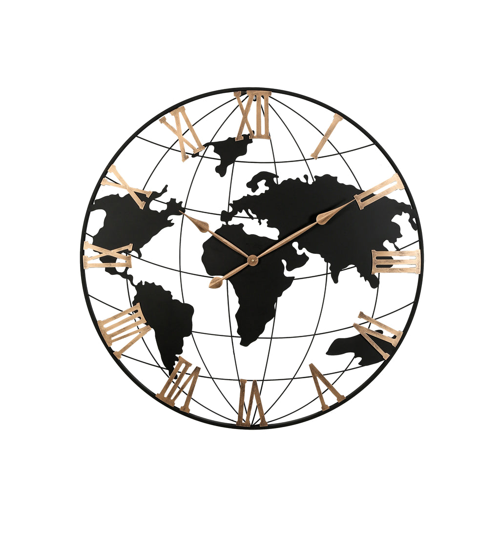 36 Inch Extra Giant Large Black Metal Wall Clock, Modern Silent World Map Wall Clock with Vintage Gold Roman Numeral, Decorative for Living Room, Entryway, Dinning Room, Bedroom
