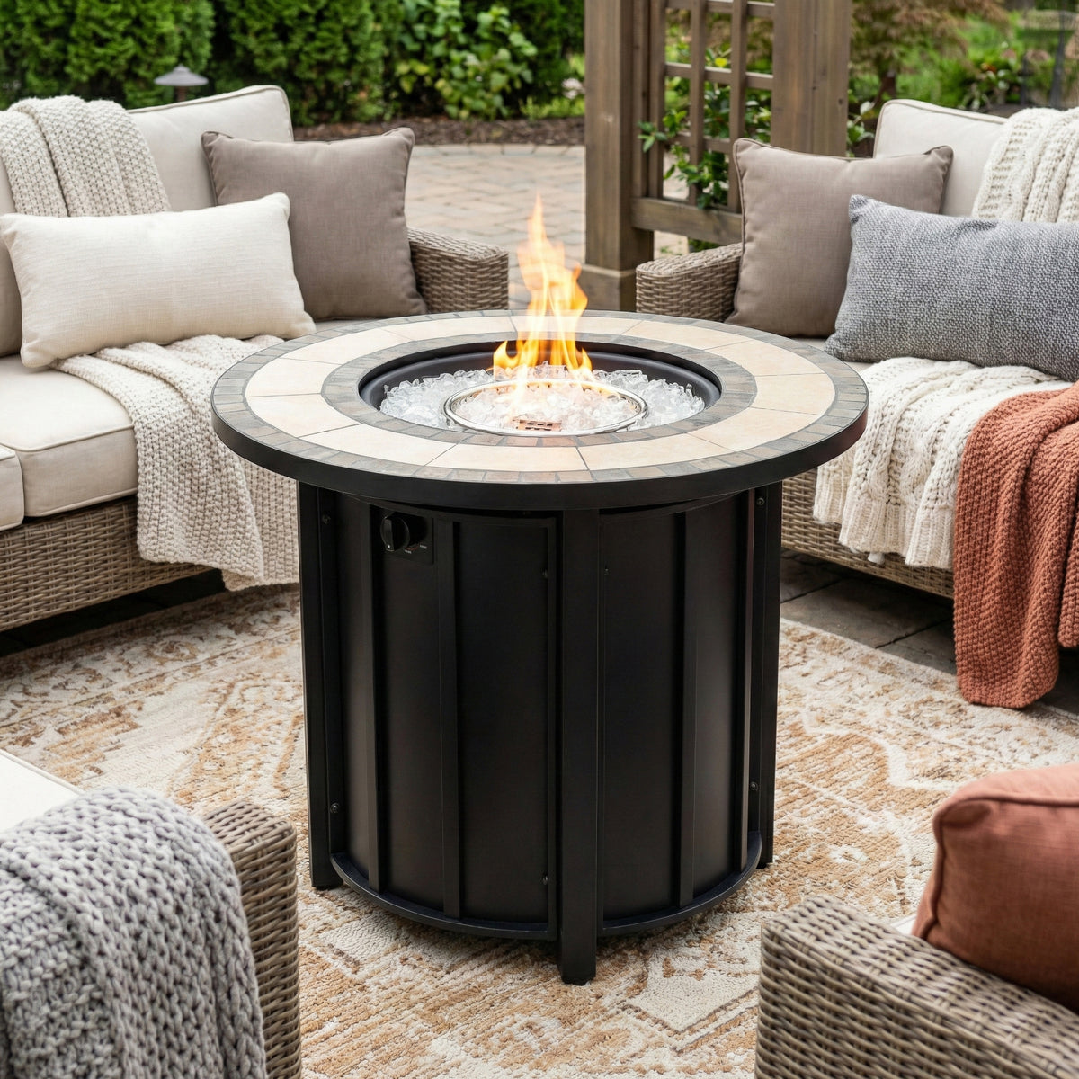 30' Propane Gas Fire Pit Table, 50000 BTU Round Steel Fire Pit with Mosaic Ceramic Tabletop for Outside Patio Deck Garden Backyard- Black
