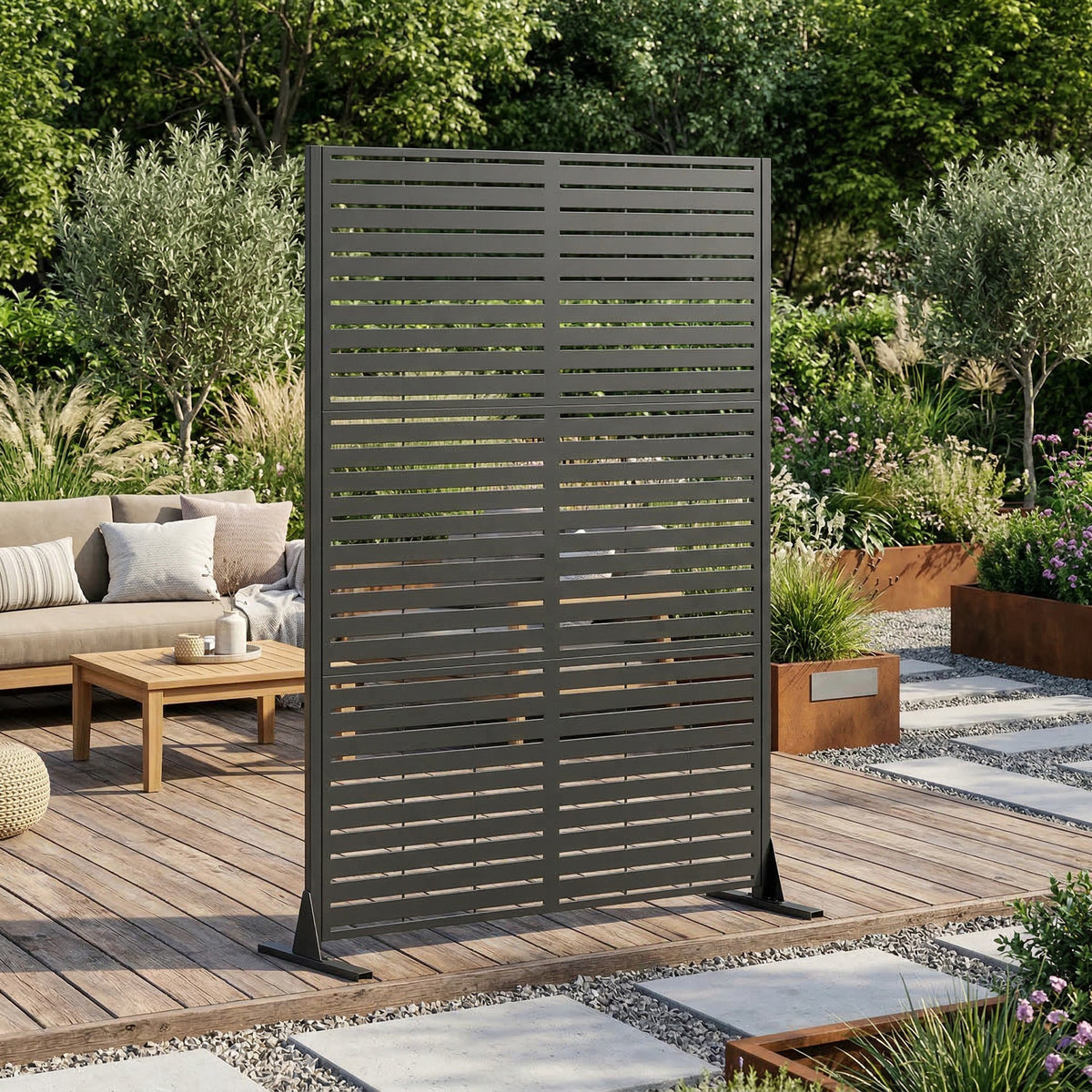 Metal Privacy Screen for Outdoor Freestanding, 72' H x 46' W Decorative Metal Fence Panels with Stable Base, Portable Divider Screens for Patio, Deck, Balcony, Backyard, Garden