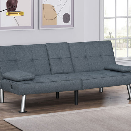 Modern Gray Fabric Upholstered Convertible Futon Sofa Bed with USB Ports & Drop-Down Cupholders Living Room Furniture