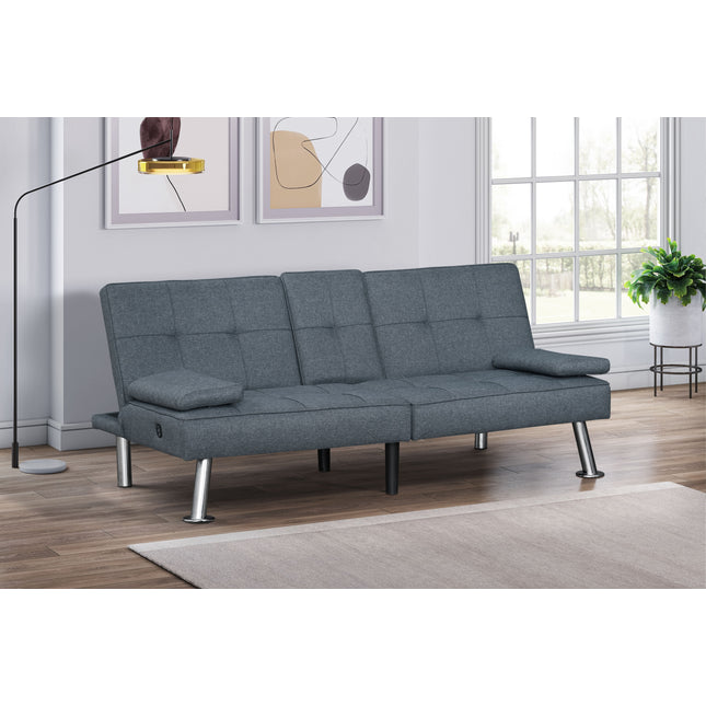 Modern Gray Fabric Upholstered Convertible Futon Sofa Bed with USB Ports & Drop-Down Cupholders Living Room Furniture