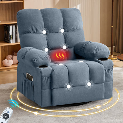 Massage Swivel Recliner Chair with Vibration Massage and Lumbar Heating for Adults,350LBS Oversized Rocker Recliner Single Sofa with Side Pocket and USB Charge Port for Living Room