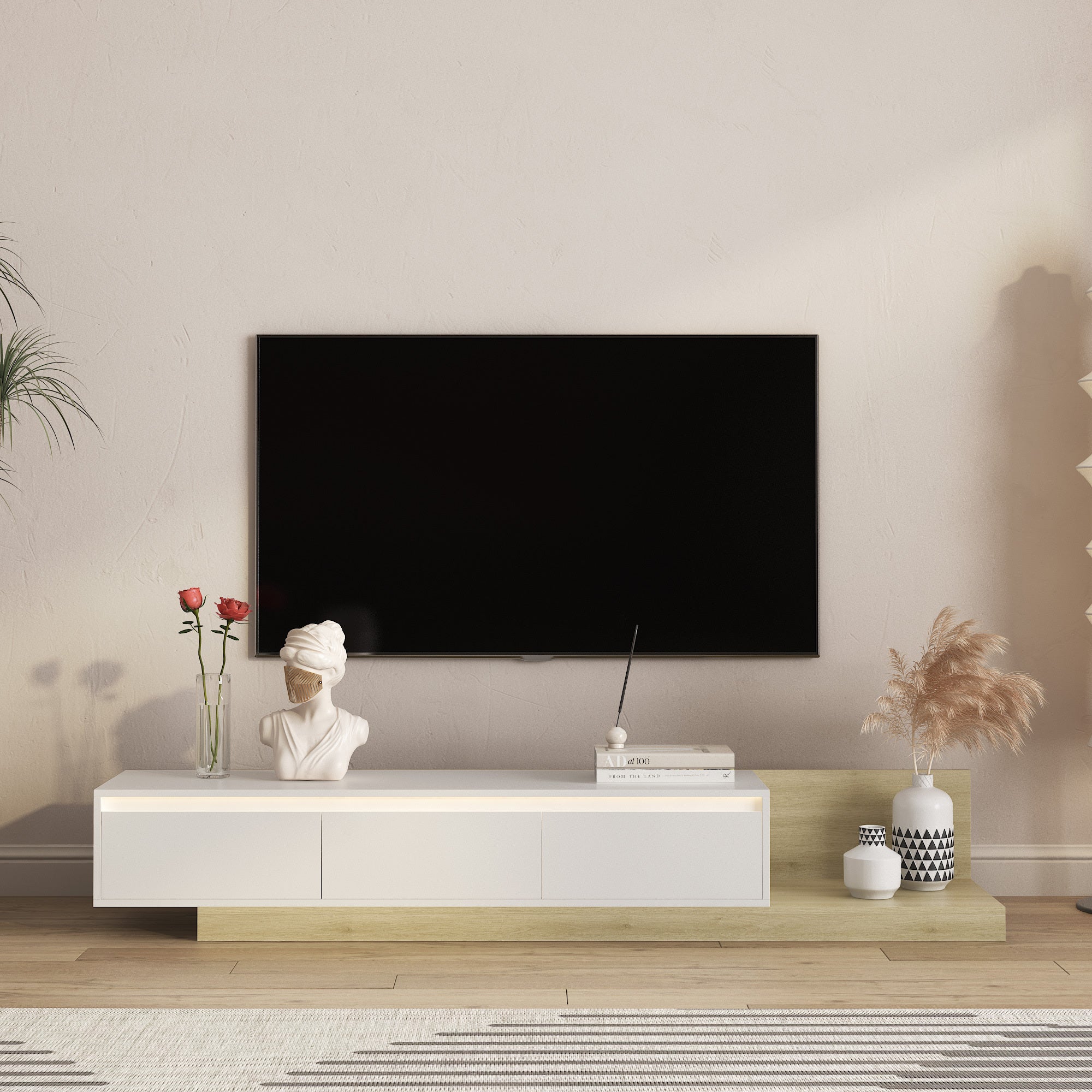 Modern TV Stand with LED Lights , Entertainment Center Wooden TV Stand, TV Stand Desk Media Cabinet with Storage for Living Room Bedroom