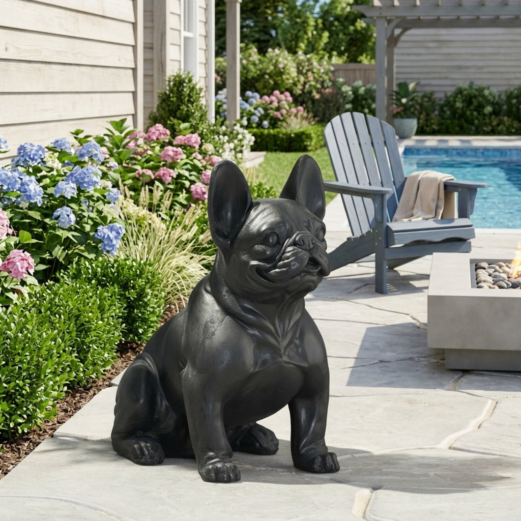 DOG GARDEN SCULPTURE, Outdoor French Bulldog Garden Statue, Matte Black, No Assembly Required