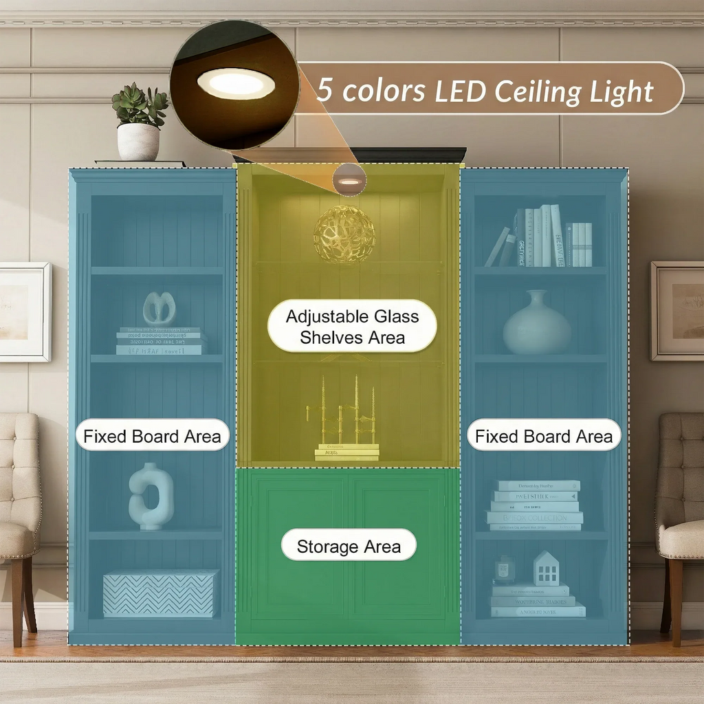 78.75'' Tall 3-Pieces Bookcase, Display Cabinet with 5 Colors Adjustable LED Ceiling Light, Retro style Bookshelves with tempered glass shelves for Living Room, Office, Studio or Workspace, Black - Eloy Royal