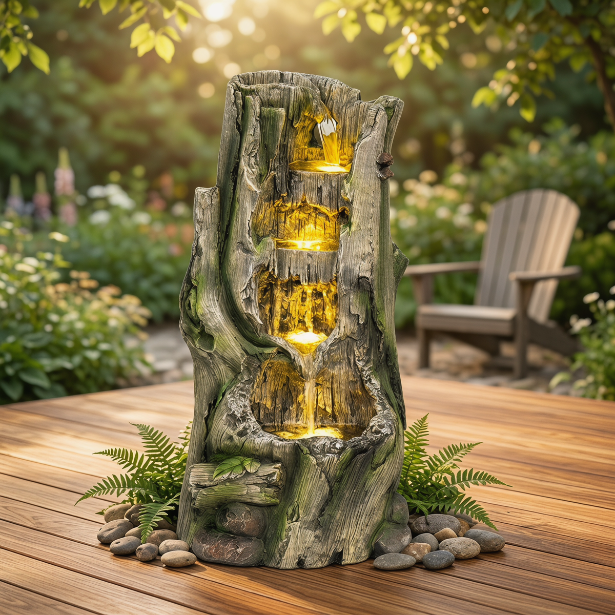 Outdoor Water Fountain 23.6', Tree Stump Waterfall Fountain with Warm LED Lights, Resin Freestanding Cascading Water Feature, Quiet Pump for Garden Patio Porch Backyard Deck Decor