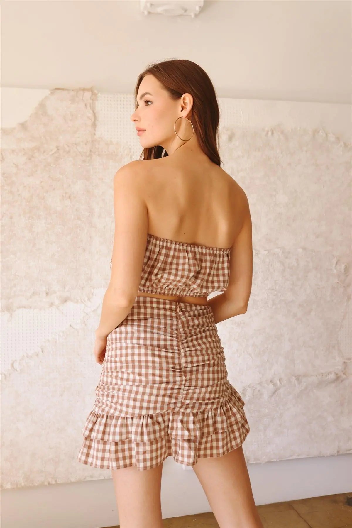 Plaid Strapless Crop Top & High Waist Flare Hem Mini Skirt Set