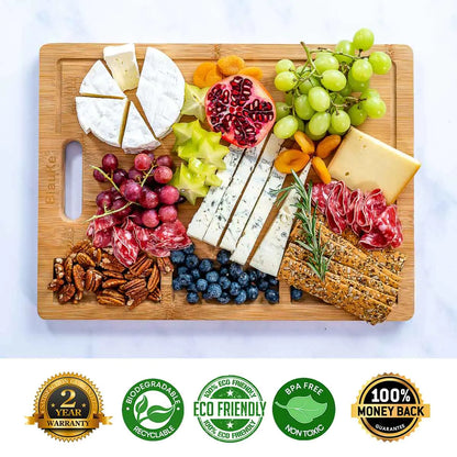 Extra Large Bamboo Cutting Board - 17x12.5 inch Wood Cutting Board for Meat, Cheese, Veggies - Wood Serving Tray with Juice Groove and 3 Compartments - Eloy Royal