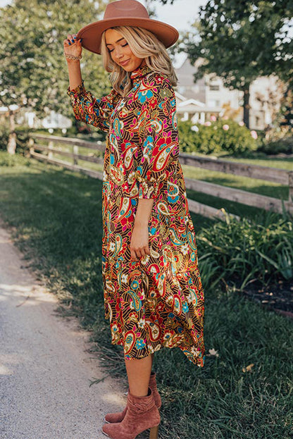 Yellow Paisley Abstract Print Collared 3/4 Sleeve Midi Dress - Eloy Royal