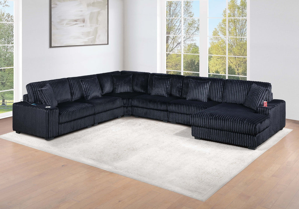 Contemporary Style 6-PC Modular Sectional Sofa Set Black Finish Corduroy Upholstered Living Room Plush Sofa Chaise Couch