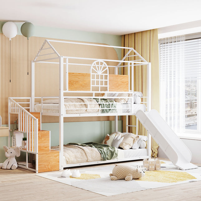 Twin Over Twin Metal Bunk Bed, Metal Housebed with Slide and Storage Stair, White with White Slide(OLD SKU: SF000195AAK)