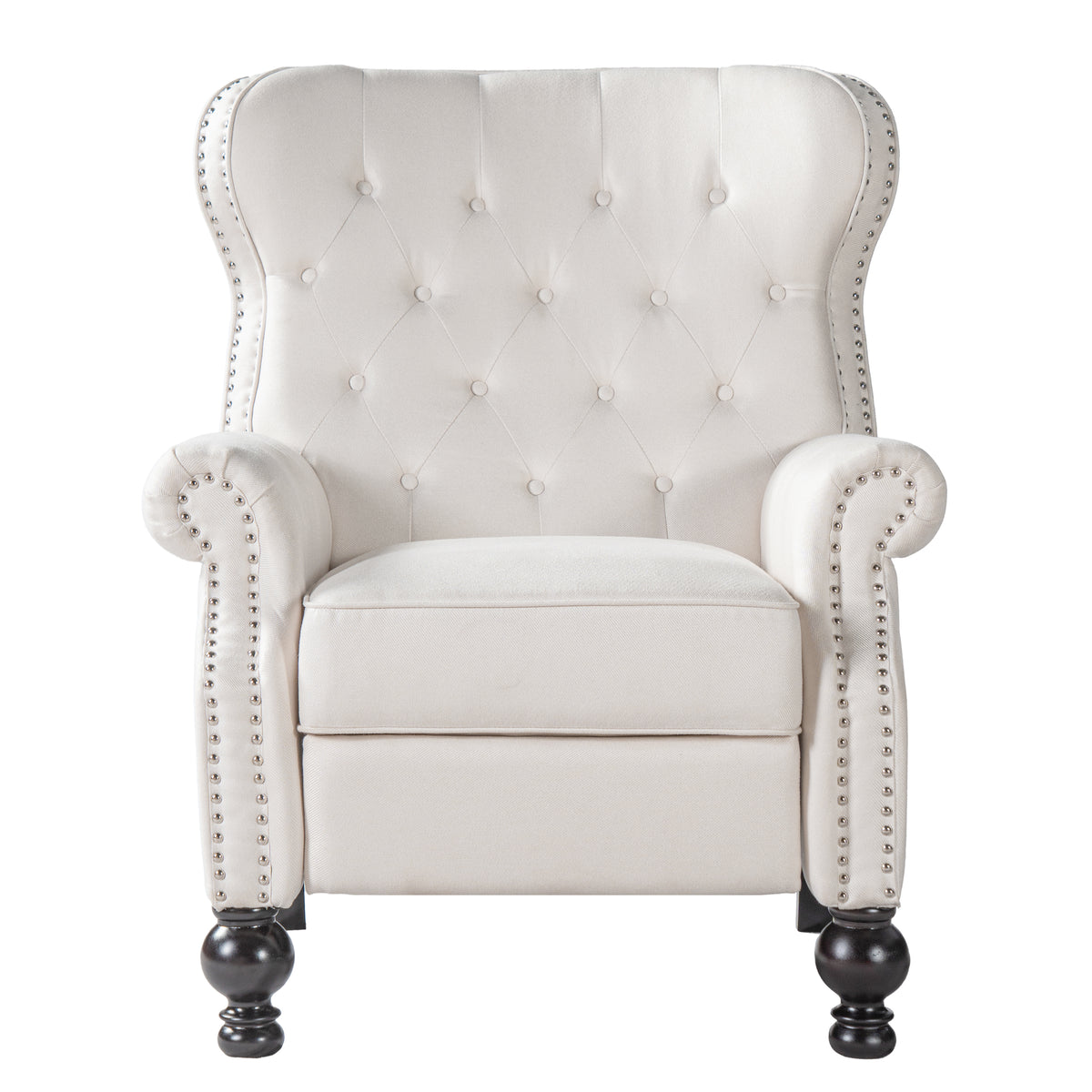 Modern Manual Push Back Recliner Chair in Beige Fabric Upholstered with Rolled Arms, Nailhead Trim & Dark Brown Rubber Wood Legs for Living Room, Bedroom, Home Theater